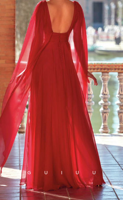 GM300 - A-Line V Neck Sleeveless Pleated Ruched Long Red Cocktail Dress