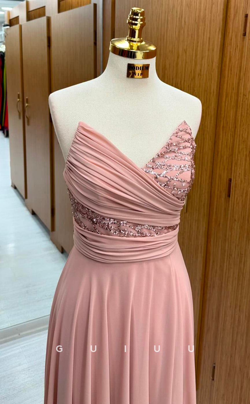 G2804 - A-Line V Neck Strapless Sleeveless Sequined Pleated Ruched Long Prom Party Dress