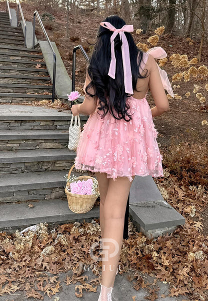 GH973 - A-Line V Neck Straps Sleeveless Mesh Short Homecoming Dress with Appliques