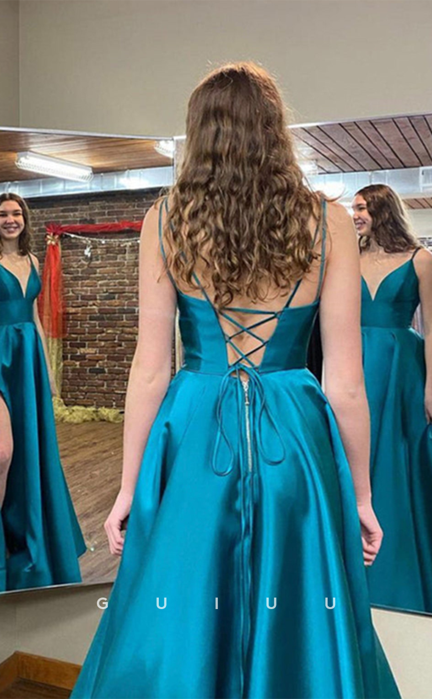 G4636 - A-Line V Neck Straps Sleeveless Stain High Side Slit Criss-Cross Straps Prom Party Dress