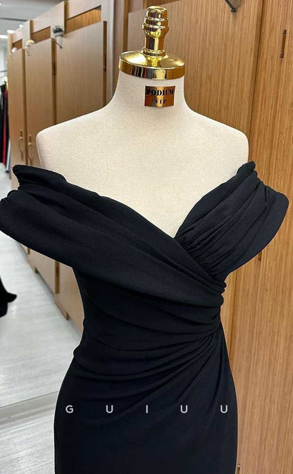 G4492 - Chic & Classic Mermaid Off-Shoulder Black Stain Ruched Long Prom Gown