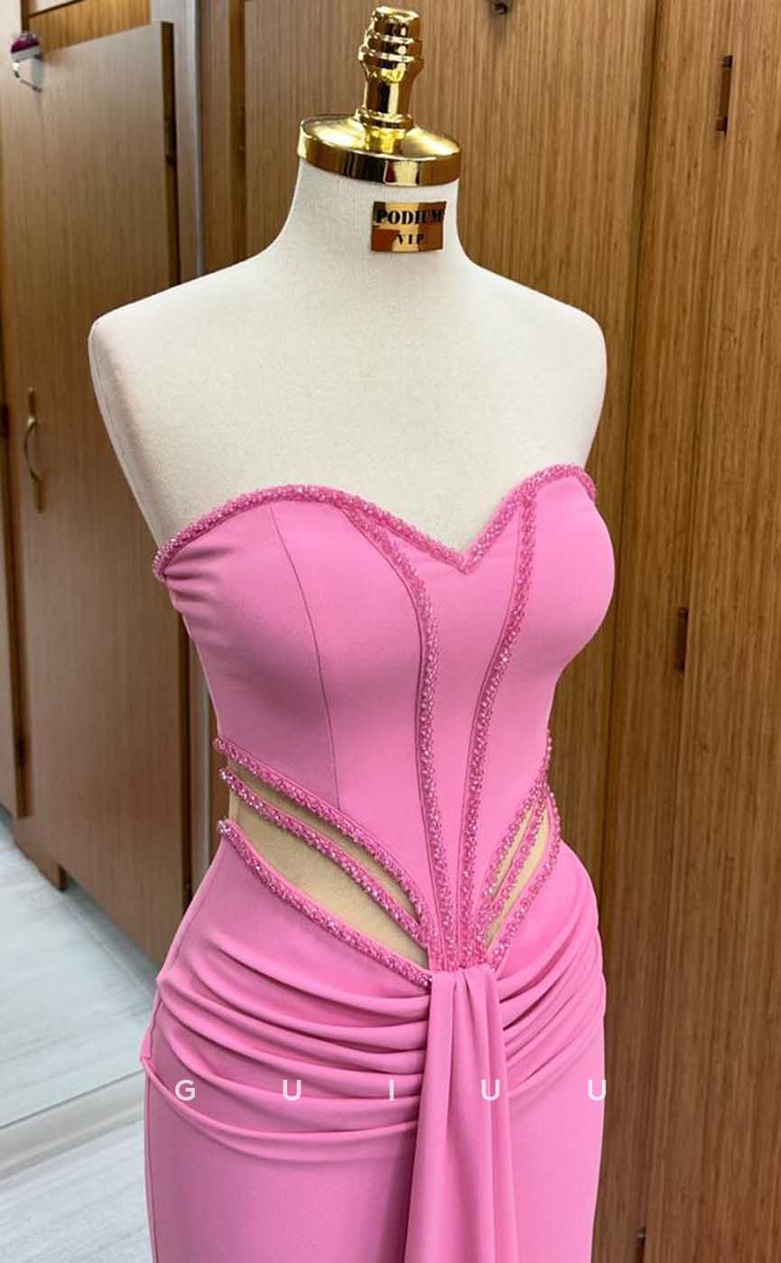 G4494 -  Chic & Cute Mermaid Colum  Strapless Pink Ruched Long Party Prom Dress