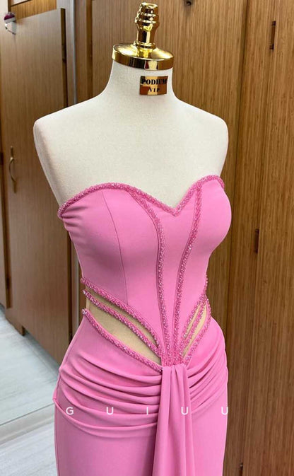 G4494 -  Chic & Cute Mermaid Colum  Strapless Pink Ruched Long Party Prom Dress
