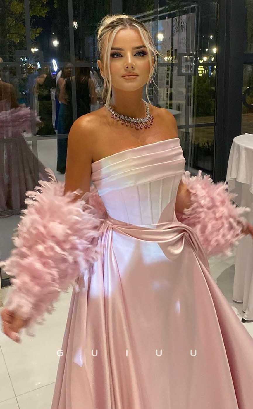 G4445 - Chic & Cute Pink Stain A-Ling Ruched Long Prom Party Dress with Feathers Sleeves