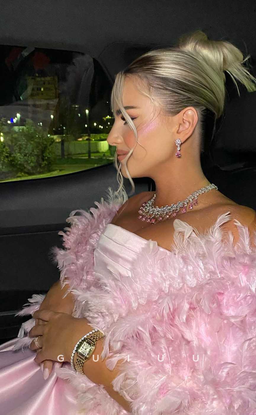 G4445 - Chic & Cute Pink Stain A-Ling Ruched Long Prom Party Dress with Feathers Sleeves