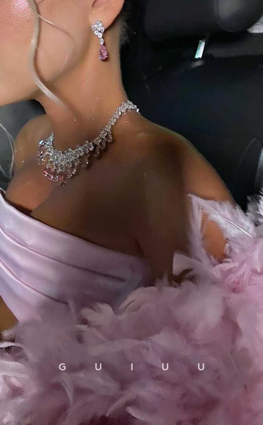 G4445 - Chic & Cute Pink Stain A-Ling Ruched Long Prom Party Dress with Feathers Sleeves