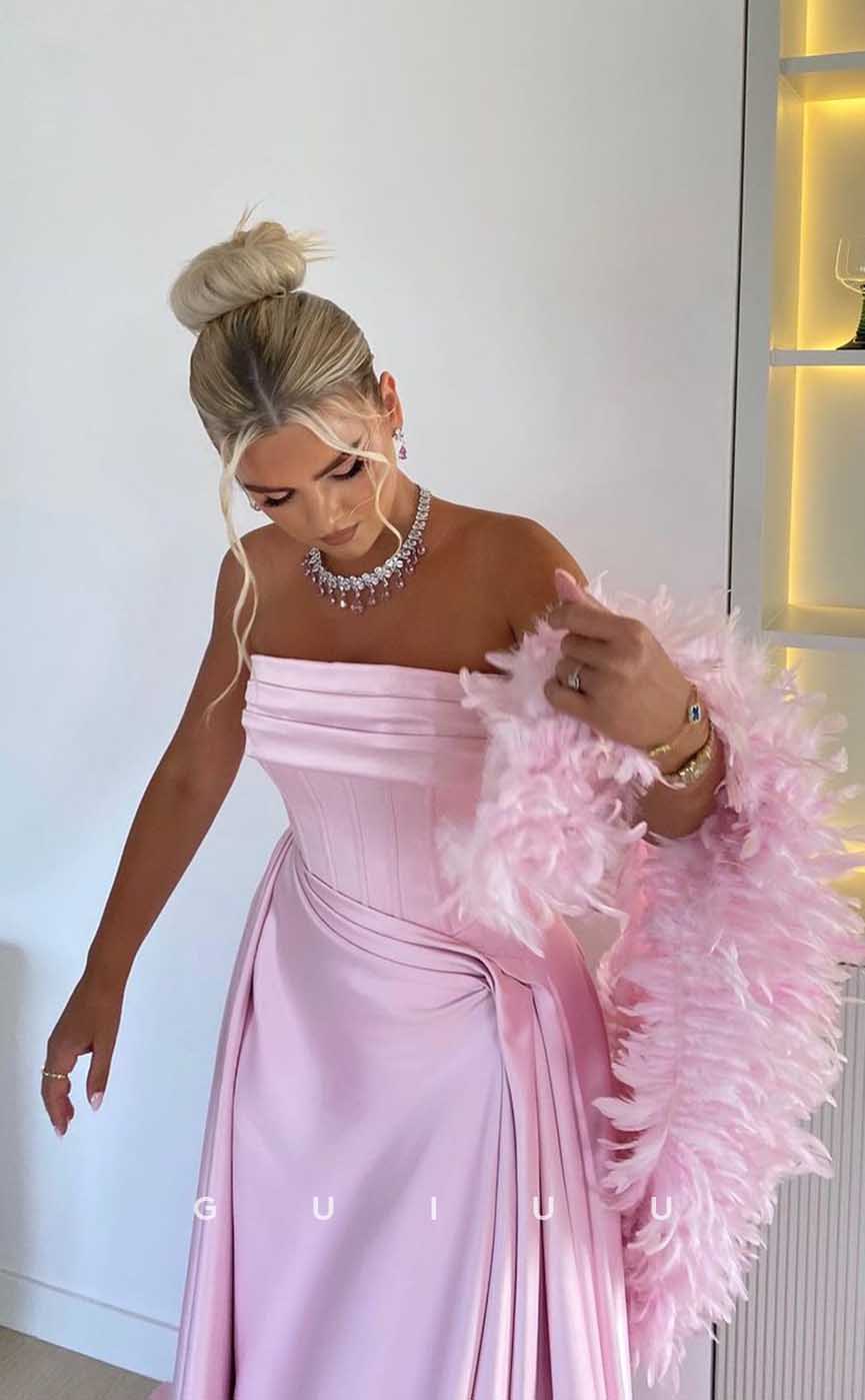 G4445 - Chic & Cute Pink Stain A-Ling Ruched Long Prom Party Dress with Feathers Sleeves