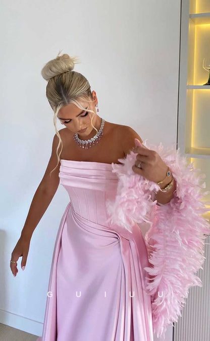 G4445 - Chic & Cute Pink Stain A-Ling Ruched Long Prom Party Dress with Feathers Sleeves