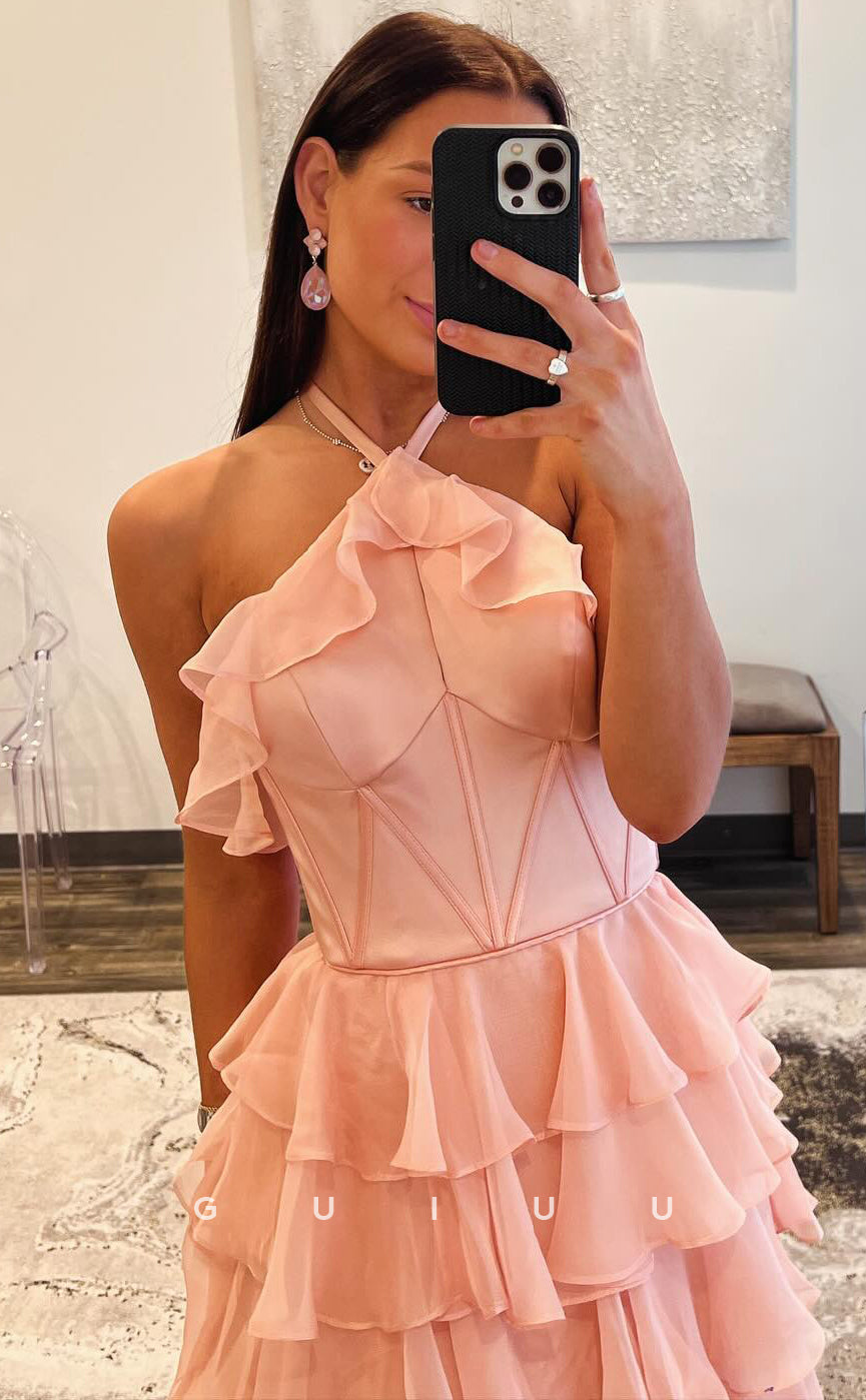 G3813 -  Chic & Modern A-Line Halter Sleeveless Backless Tiered Long Prom Dress