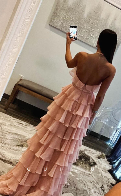 G3813 -  Chic & Modern A-Line Halter Sleeveless Backless Tiered Long Prom Dress