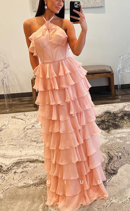 G3813 -  Chic & Modern A-Line Halter Sleeveless Backless Tiered Long Prom Dress