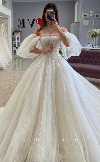 GW818 -  Chic & Modern A-Line Off-Shoulder Appliues Ruched Court Train Wedding Dress