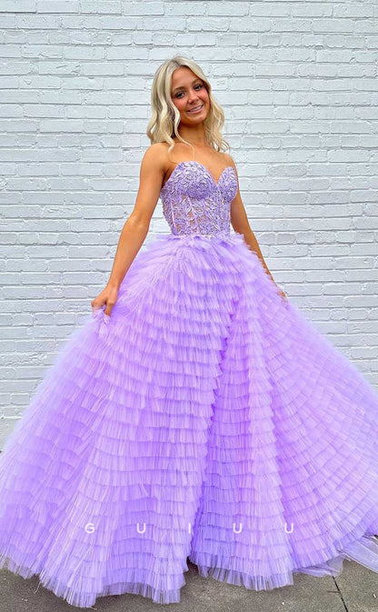 G4449 - Chic & Modern A-Line Tulle Tiered Strapless Pleats Appliques Long Sweep Prom Evening Dress with Slit