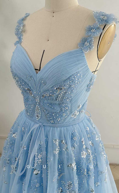 G4530 - Chic & Modern A-Line V Neck Straps Sequined Appliques Lace-Up Prom Party Dress