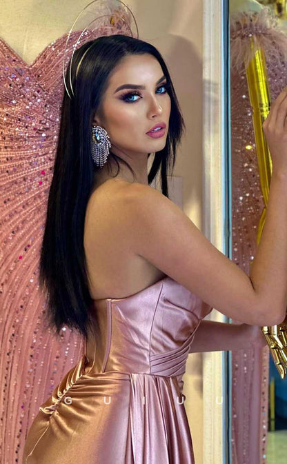 G4460 - Chic & Modern Column Low V Neck Pink Stain Runched Long Prom Dress with High Slit