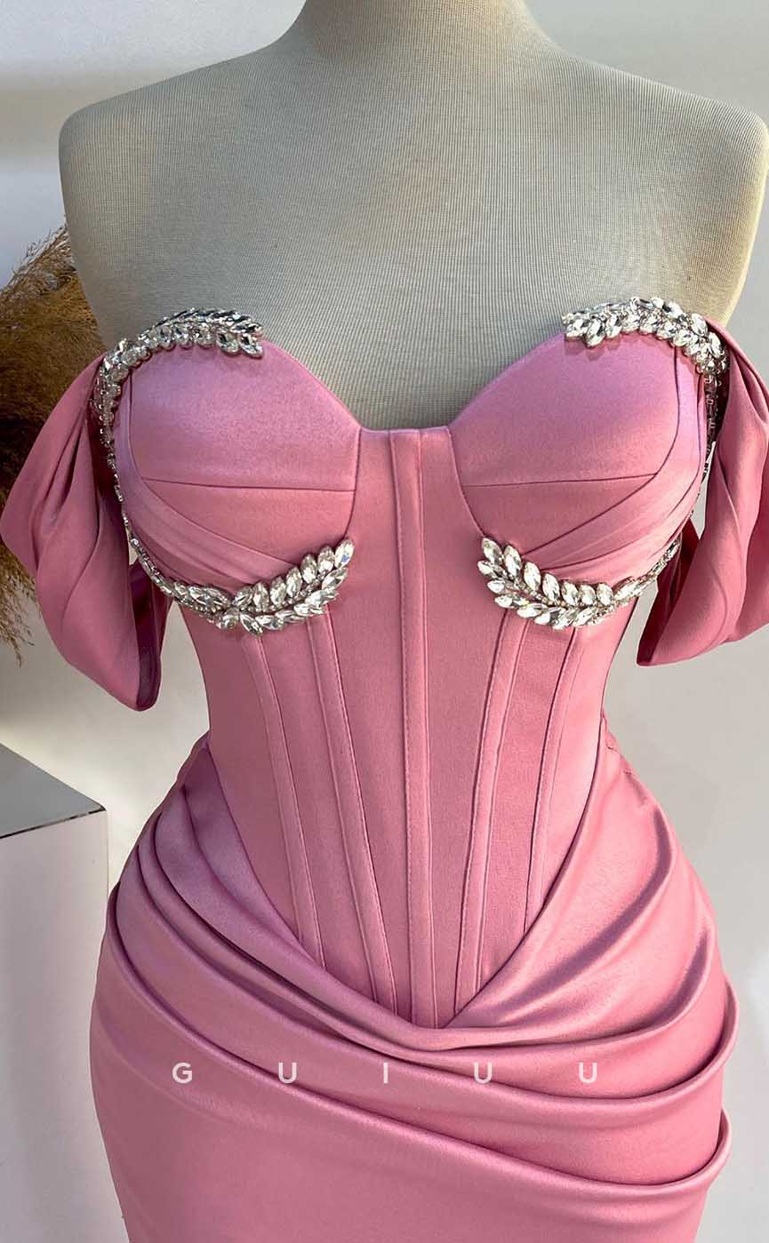 G4547 -  Chic & Modern Mermaid Off-Shoulder Pink Stain Pleats Crystal PromParty Gown