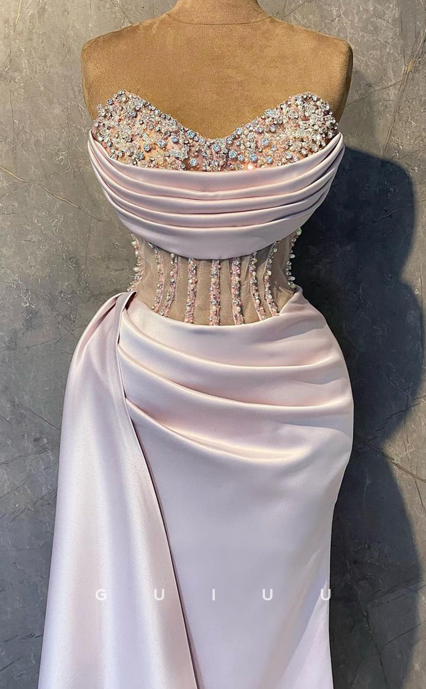 G3862 - Chic & Modern Mermaid Strapless Sleeveless Pleated Pink Long Prom Dress