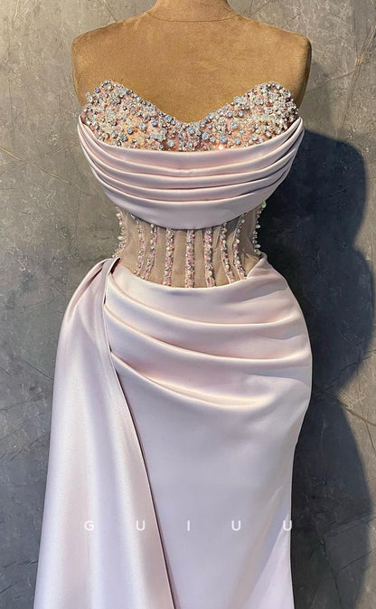 G3862 - Chic & Modern Mermaid Strapless Sleeveless Pleated Pink Long Prom Dress