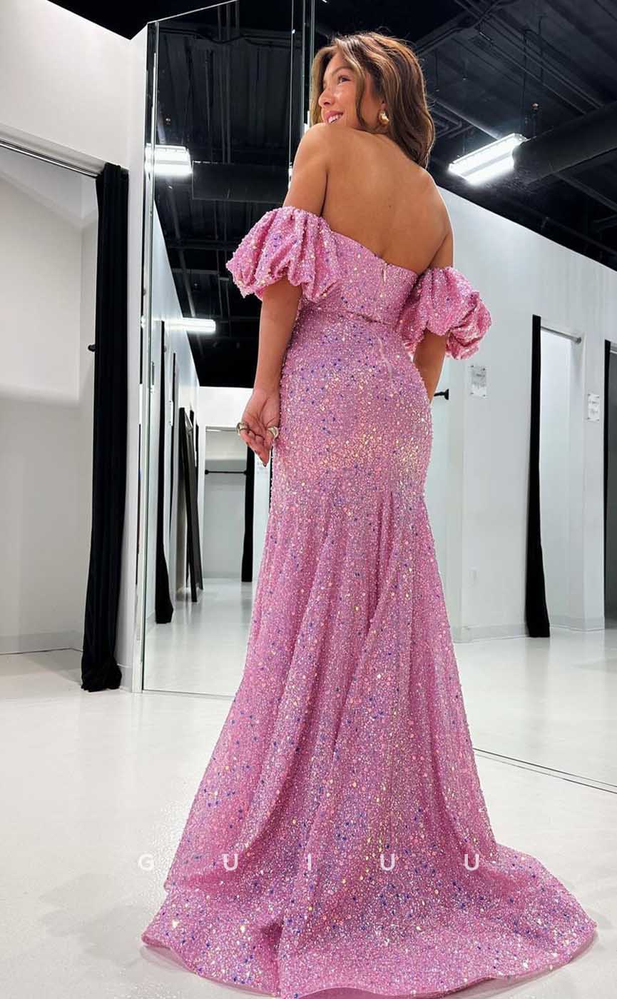 G4441 - Chic & Modern Pink Column Off-Shoulder Allover Beaded Long Prom Party Dresss with Slit