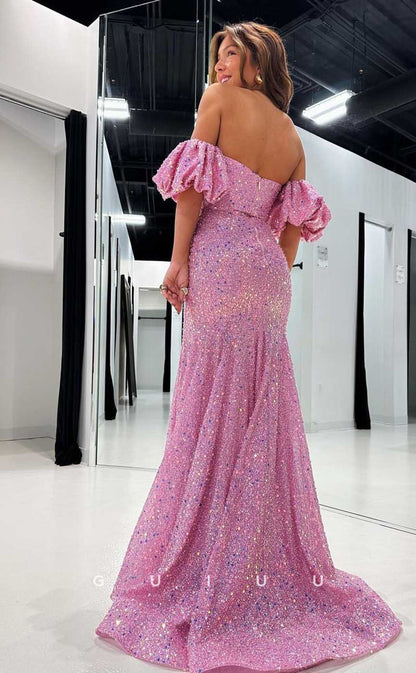 G4441 - Chic & Modern Pink Column Off-Shoulder Allover Beaded Long Prom Party Dresss with Slit