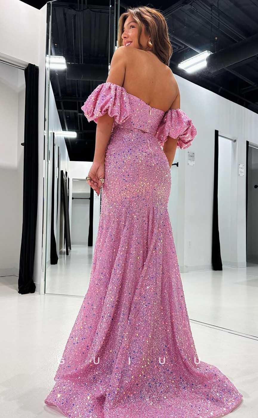 G4441 - Chic & Modern Pink Column Off-Shoulder Allover Beaded Long Prom Party Dresss with Slit