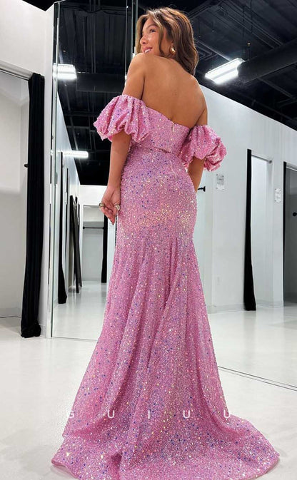 G4441 - Chic & Modern Pink Column Off-Shoulder Allover Beaded Long Prom Party Dresss with Slit