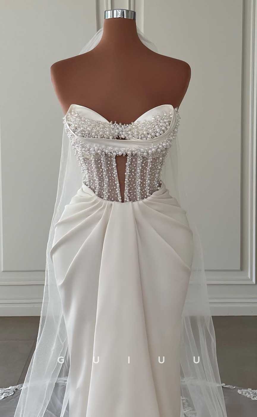 GW846 -  Chic & Modern Strapless Sleeveless Pearls Ruched Stain Mermaid Beach Wedding Dress With Train