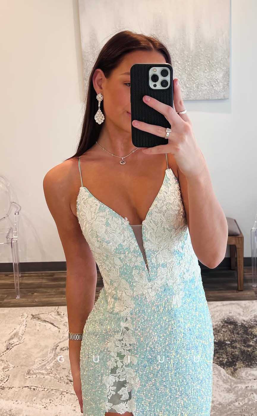 G4469 - Chic & Unique Column Fitted Low V Neck Straps Appliques Beaded Floor-Legth Prom Party Dress