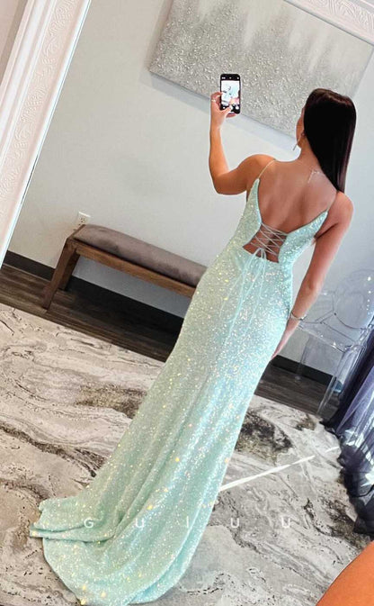 G4469 - Chic & Unique Column Fitted Low V Neck Straps Appliques Beaded Floor-Legth Prom Party Dress