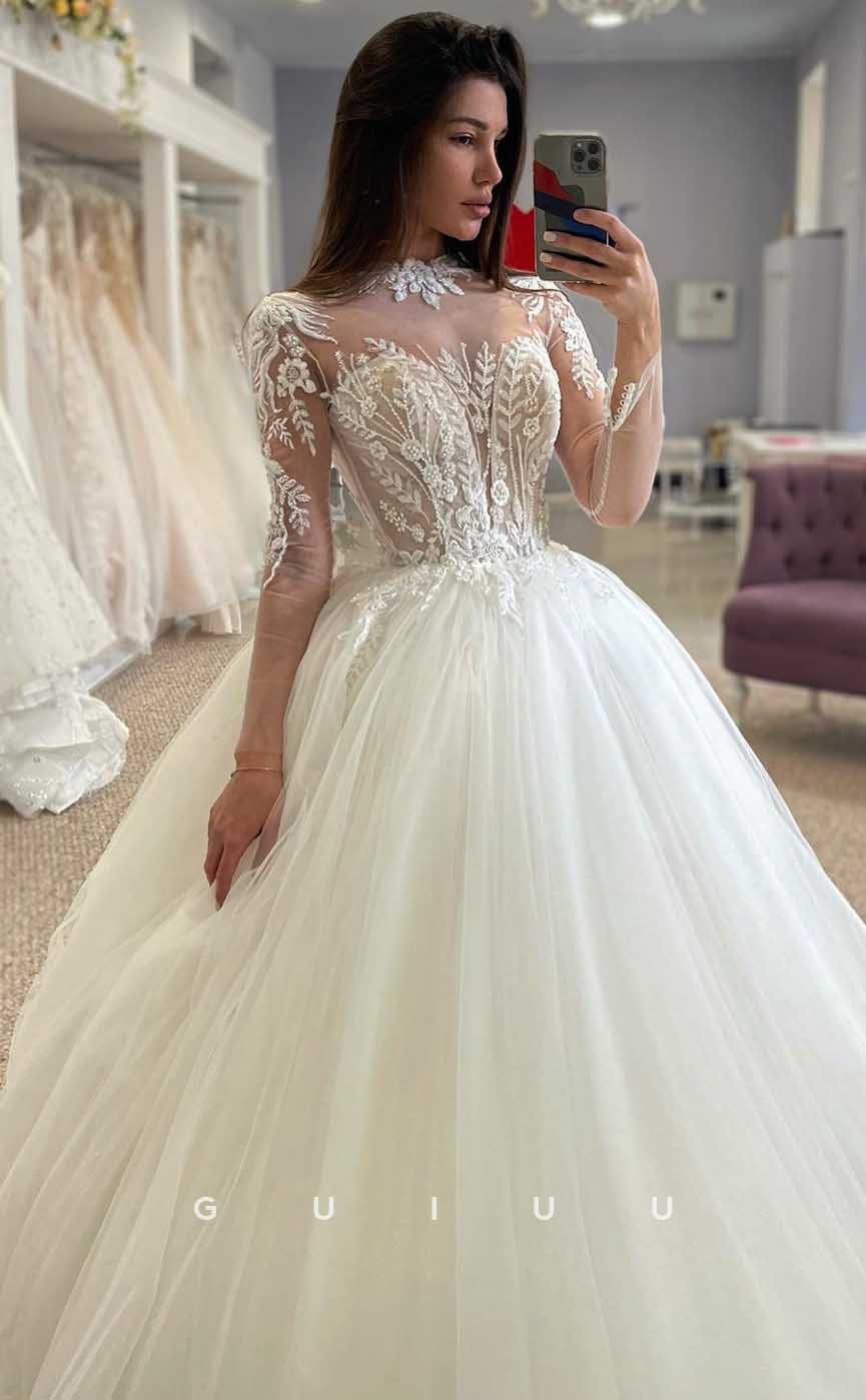 GW813 - Classic A-Line Illsion Long Sleeves Appliques Sleep Train Wedding Dress