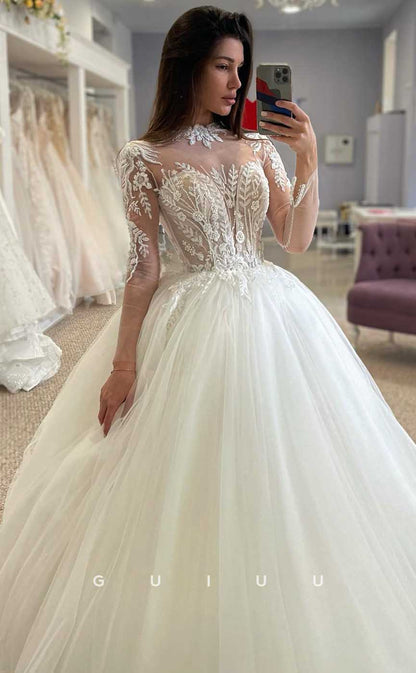 GW813 - Classic A-Line Illsion Long Sleeves Appliques Sleep Train Wedding Dress