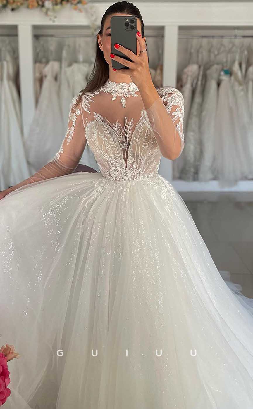 GW813 - Classic A-Line Illsion Long Sleeves Appliques Sleep Train Wedding Dress