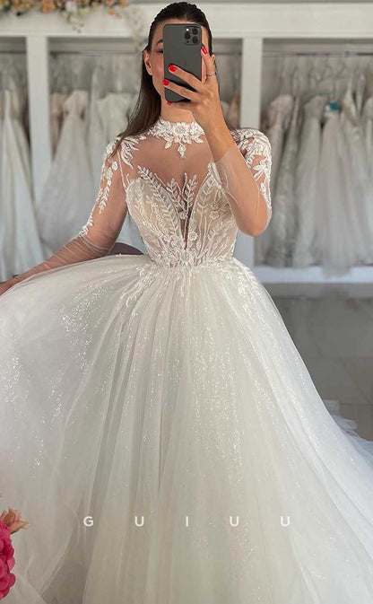 GW813 - Classic A-Line Illsion Long Sleeves Appliques Sleep Train Wedding Dress