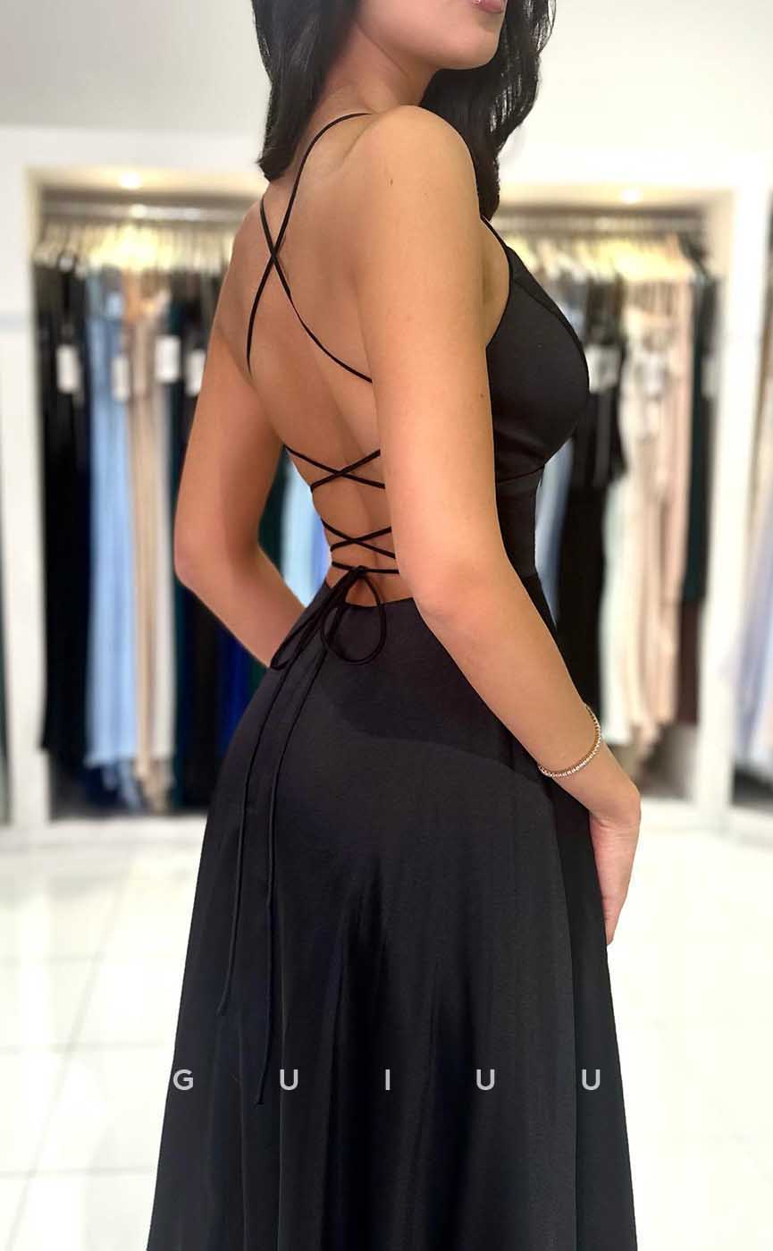 G4493 -  Classic & Timeless A-Line Low V Neck Starps Lace-Up Sweep-Length Prom Dress