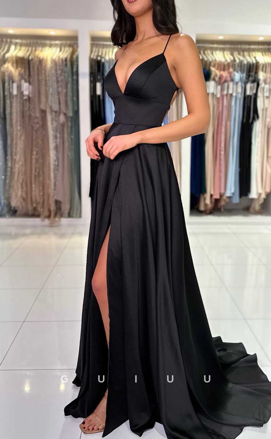G4493 -  Classic & Timeless A-Line Low V Neck Starps Lace-Up Sweep-Length Prom Dress