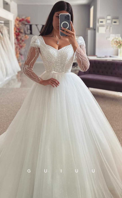 GW815 - Classic & Timeless A-Line Sweetheart Long Sleeves Beaded Court Train Wedding Dress