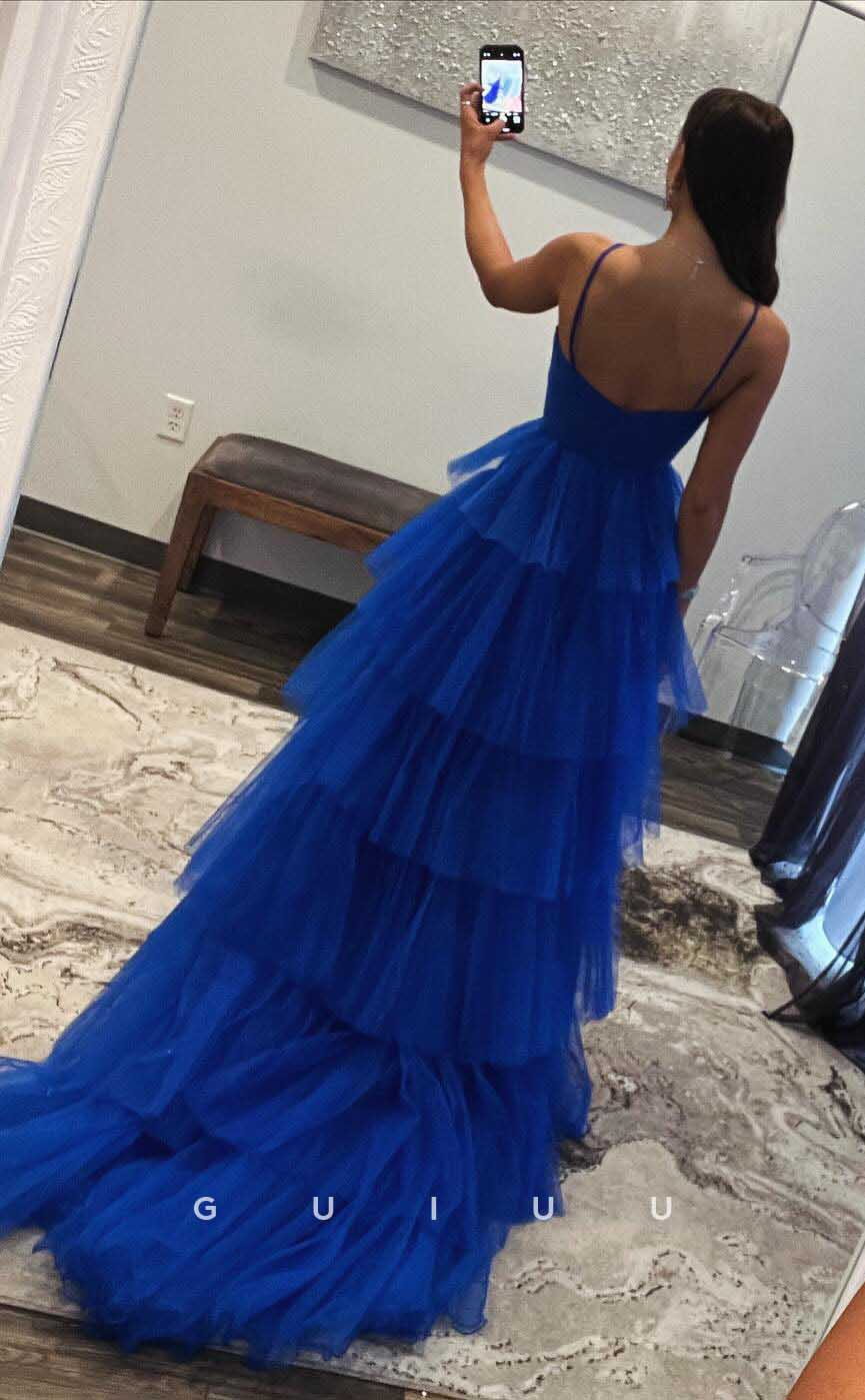 G4432 - Classic & Timeless Blue A-Line Strapless Halter Tulle Tiered Open Back Long Sweep Prom Party Dress