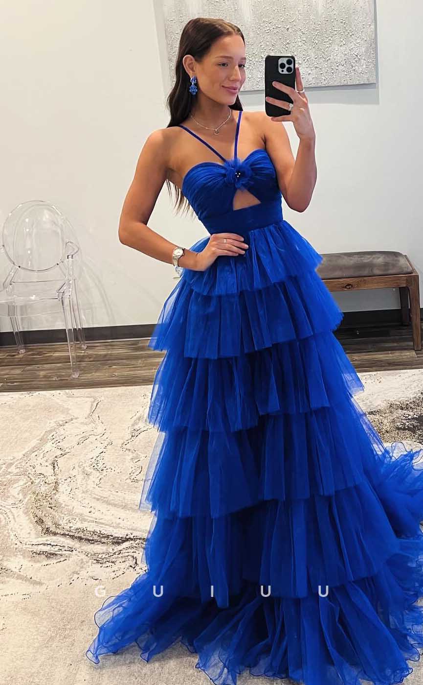 G4432 - Classic & Timeless Blue A-Line Strapless Halter Tulle Tiered Open Back Long Sweep Prom Party Dress