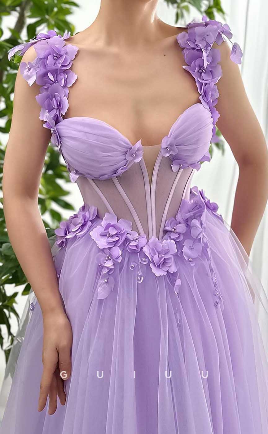 G4446 - Classsic & Unique A-Line Tulle Strapless Pleats Prom Party Dress with Flower Straps