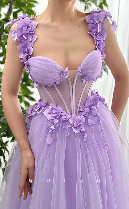 G4446 - Classsic & Unique A-Line Tulle Strapless Pleats Prom Party Dress with Flower Straps