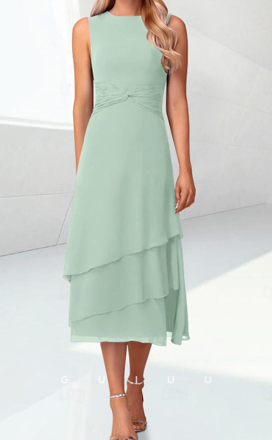 GM079 -  Column Scoop Neck 34 Length Sleeves Tea Length Back Zipper Ruffles Chiffon Mother of the Bride Dress Wrap Included