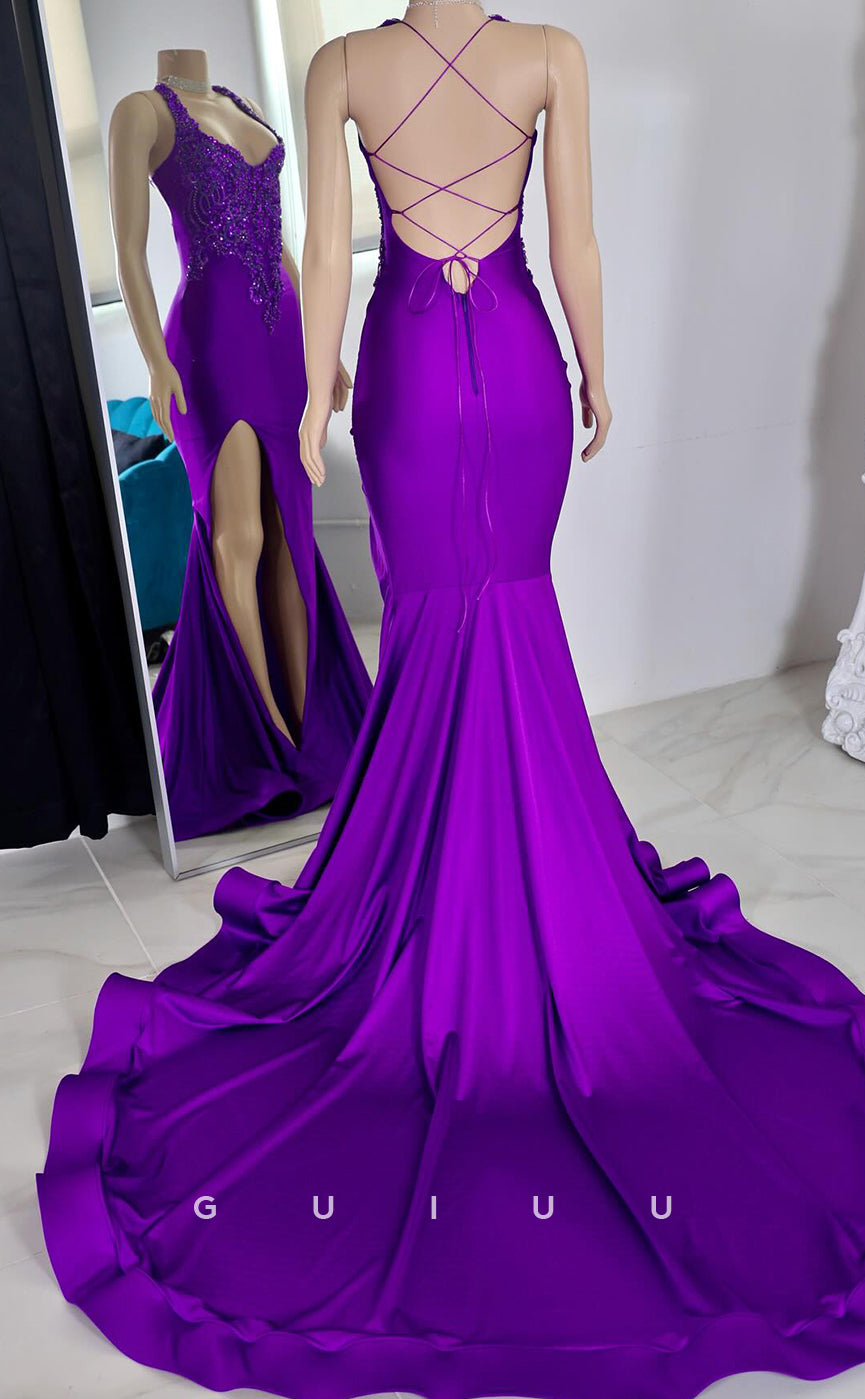 G4085 - Column Strapless Straps Sleeveless Appliques Beaded Criss-Cross Straps Prom Dress with High Side Slit with Court Train