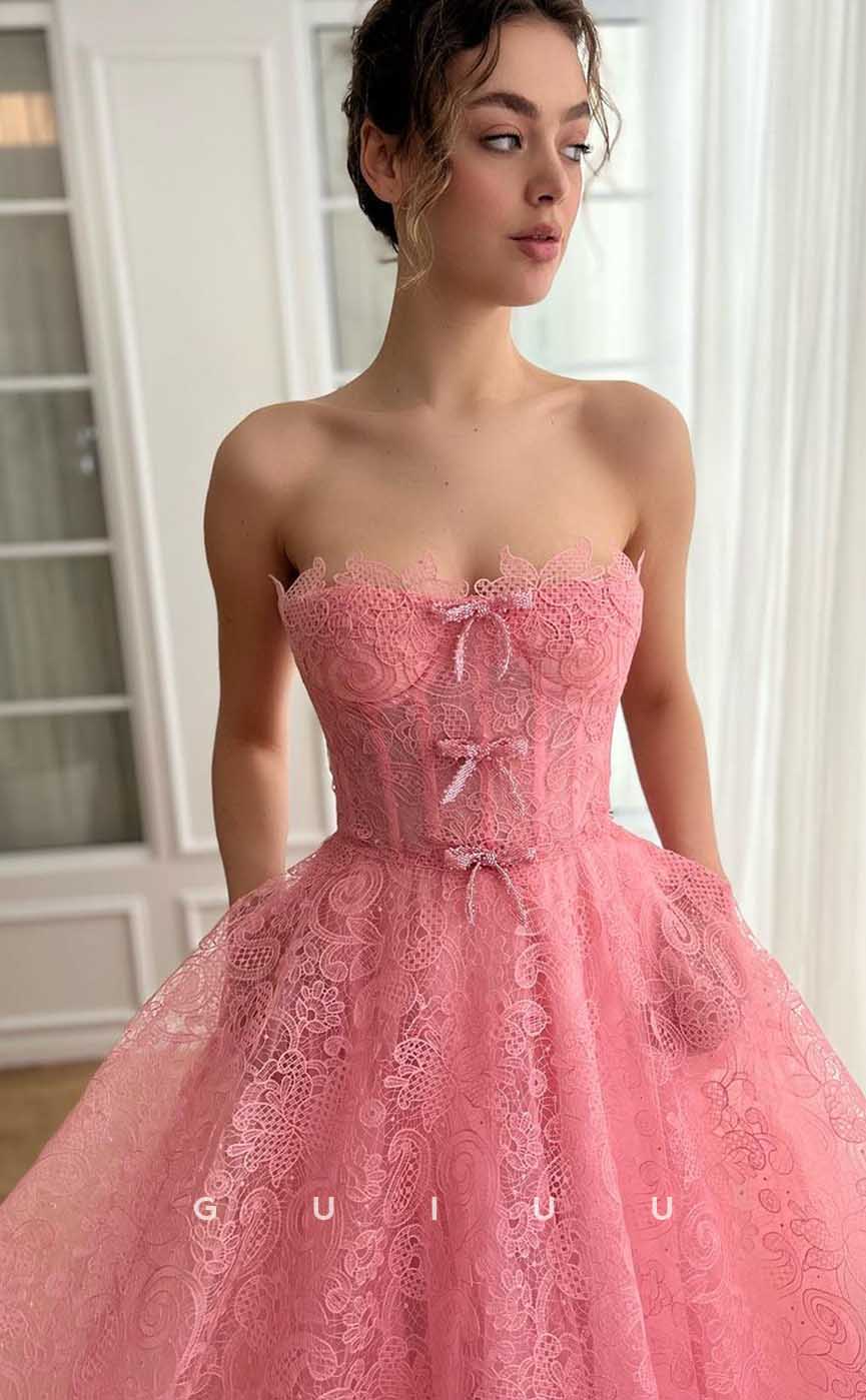 G4437 - Cute Pink A-Line Strapless Pleats Lace Long Prom Party Dress with Bowknot