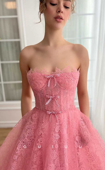 G4437 - Cute Pink A-Line Strapless Pleats Lace Long Prom Party Dress with Bowknot