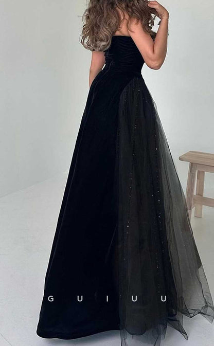 G4552 - Elegant A-Line Boat Neck Sleeveless Black Tulle Prom Party Gown