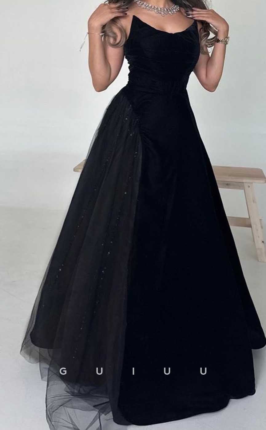 G4552 - Elegant A-Line Boat Neck Sleeveless Black Tulle Prom Party Gown