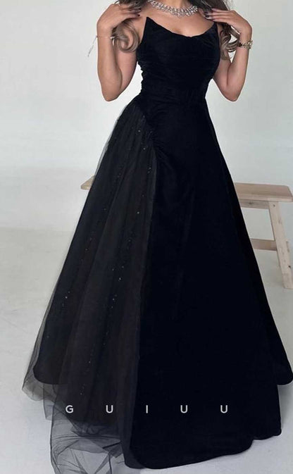 G4552 - Elegant A-Line Boat Neck Sleeveless Black Tulle Prom Party Gown