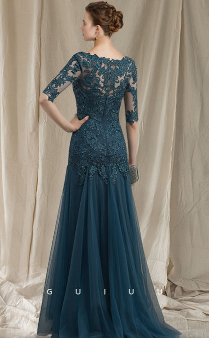 GM037 - Elegant A-Line V Neck Floor Length  Half Sleeves Appliques Tulle Mother of the Bride Dress Formal Wedding Guest Gown