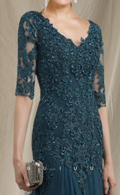 GM037 - Elegant A-Line V Neck Floor Length  Half Sleeves Appliques Tulle Mother of the Bride Dress Formal Wedding Guest Gown