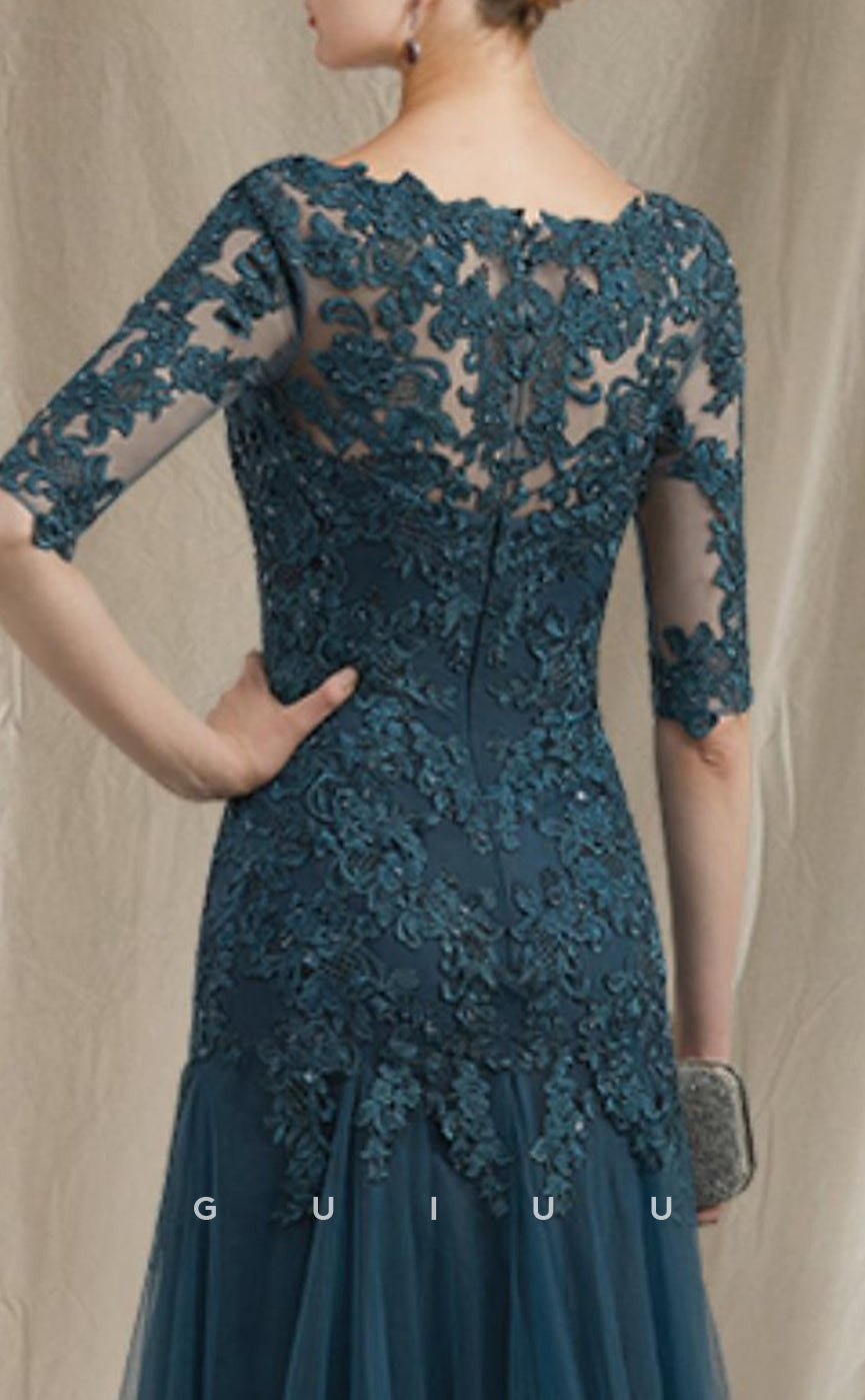 GM037 - Elegant A-Line V Neck Floor Length  Half Sleeves Appliques Tulle Mother of the Bride Dress Formal Wedding Guest Gown